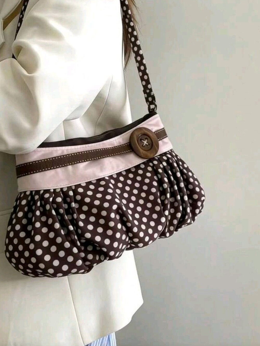 Retro Polka Dot Pleated Shoulder Bag, Y2K Aesthetic Button Decor Cloud Bag, Wome